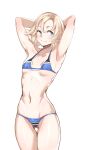  1girl armpits arms_behind_head ass_visible_through_thighs ayakumo bangs bikini blonde_hair blue_bikini blue_eyes breasts cowboy_shot highres janus_(kancolle) kantai_collection parted_bangs short_hair simple_background small_breasts smile solo swimsuit white_background 