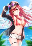  1girl absurdres arm_up bangs baseball_cap bikini bikini_under_clothes blurry blurry_background breasts cleavage cloud cowboy_shot dolphin_shorts earrings eyebrows_visible_through_hair eyewear_on_head grin hair_between_eyes hand_in_pocket hand_on_headwear hat head_tilt heart heart-shaped_eyewear heart_earrings heterochromia highres hololive houshou_marine jewelry long_hair long_sleeves looking_at_viewer medium_breasts navel necklace nikku(user_grkf3753) o-ring ocean open_clothes red_bikini red_eyes red_hair shorts sky sleeves_past_wrists smile solo swimsuit teeth thigh_strap thighs virtual_youtuber yellow_eyes 