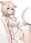  1girl absurdres ahoge animal_ears bangs bare_arms blonde_hair blue_eyes blush braid breasts cat_ears cat_tail china_dress chinese_clothes cleavage cleavage_cutout clothing_cutout cowboy_shot cyobiro dress eyebrows_visible_through_hair final_fantasy final_fantasy_xiv hair_between_eyes highres holding holding_smoking_pipe large_breasts leaning_back looking_at_viewer medium_hair miqo&#039;te parted_lips simple_background single_braid smoking_pipe solo tail thighs white_background 