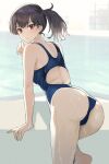  1girl ass back blue_swimsuit breasts brown_eyes brown_hair closed_mouth competition_swimsuit covered_navel cowboy_shot eyebrows_visible_through_hair hair_between_eyes highres indoors kaga_(kancolle) kantai_collection kasumi_(skchkko) long_hair looking_at_viewer looking_back medium_breasts one-piece_swimsuit pool poolside rei_no_pool short_sidetail side_ponytail solo swimsuit wet wet_clothes wet_swimsuit window 