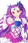  1girl absurdres arm_warmers artist_name blue_flower blue_rose blush cowboy_shot earrings flat_chest flower forehead frilled_shirt frills hair_flower hair_ornament highres jewelry long_hair looking_at_viewer magical_girl milky_rose mimino_kurumi navel open_mouth precure purple_eyes purple_hair rose shinagi shirt simple_background skirt solo tiara white_background white_shirt white_skirt yes!_precure_5 yes!_precure_5_gogo! 