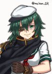  1girl armor brown_cape brown_gloves cape eyepatch gloves green_eyes green_hair green_sailor_collar hat kantai_collection kiso_(kancolle) kiso_kai_ni_(kancolle) looking_at_viewer makun_dx neckerchief one-hour_drawing_challenge pauldrons red_neckerchief sailor_collar sailor_hat school_uniform serafuku short_hair shoulder_armor simple_background single_pauldron solo twitter_username upper_body white_background 