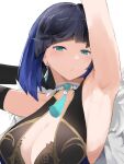  1girl arm_up armpits bangs black_gloves black_hair blue_hair breasts cleavage closed_mouth diagonal_bangs earrings elbow_gloves eyebrows_visible_through_hair genshin_impact gloves green_eyes highres jewelry large_breasts looking_at_viewer mole mole_on_breast multicolored_hair short_hair single_elbow_glove solo two-tone_hair wararu_(user_uecx7457) yelan_(genshin_impact) 