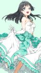  1girl black_hair blue_eyes bridal_gauntlets bride dress elbow_gloves flower frills gloves haimura_kiyotaka highres official_art saten_ruiko solo tiara toaru_kagaku_no_railgun toaru_majutsu_no_index wedding_dress white_dress 