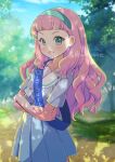  1girl :d aozora_middle_school_uniform blue_skirt blue_sky blurry blurry_background blush crossed_arms dappled_sunlight day hairband kawanobe laura_la_mer long_hair outdoors pink_hair precure sash school_uniform short_sleeves skirt sky smile sunlight tree_shade tropical-rouge!_precure 