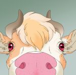  2022 anthony_(goldiescales) bovid bovine cattle close-up feral goldiescales green_background hair horn mammal pink_nose quadruped red_eyes simple_background solo trans_(lore) trans_man_(lore) 
