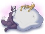  anthro belly big_belly canid canine canis duo eggo21 eyes_closed fox fox_mccloud fur grey_body grey_fur lying male male/male mammal morbidly_obese nintendo obese on_front orange_body orange_fur overweight star_fox tongue tongue_out video_games wolf wolf_o&#039;donnell 