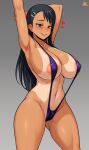  1girl absurdres areola_slip arm_behind_head armpits arms_up ass_visible_through_thighs black_hair blush breasts brown_eyes cameltoe covered_nipples dark-skinned_female dark_skin earclip english_commentary grin hair_ornament hairclip heart highres huge_breasts ijiranaide_nagatoro-san jmg linea_alba long_hair looking_at_viewer mature_female nagatoro_hayase navel older one-piece_tan paid_reward_available purple_swimsuit slingshot_swimsuit smile solo standing straight_hair strap_gap swimsuit tan tanlines thighs 