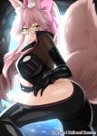  1girl animal_ear_fluff animal_ears ass backlighting bangs black_bodysuit blush bodysuit bow breasts cave center_opening fate/grand_order fate_(series) fox_ears fox_girl fox_tail glasses hair_between_eyes hair_bow hellandheaven highres hip_vent koyanskaya_(fate) large_breasts long_hair looking_at_viewer pink_bow pink_hair ponytail sidelocks smile solo tail tamamo_(fate) thighs yellow_eyes 