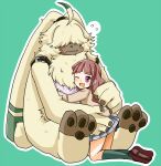  angoramon anthro bandai_namco brown_hair digimon digimon_(species) digimon_ghost_game duo embrace female fur hair hair_over_eyes hug human lagomorph leporid long_ears long_hair male mammal pawpads ponytail_ears rabbit ruri_tsukiyono shiki_digi yellow_body yellow_fur 