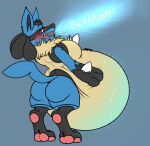  anthro belly big_belly bloated blue_body blue_fur blush bodily_fluids burping butt eggo21 fur hand_on_stomach hi_res inflation lucario male nintendo open_mouth pok&eacute;mon pok&eacute;mon_(species) rear_view red_eyes solo sweat video_games 