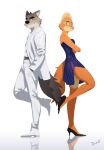  absurd_res anthro bogexboog canid canine canis clothed clothing diane_foxington dreamworks duo female fox hi_res high_heels looking_at_viewer male mammal mr._wolf_(the_bad_guys) simple_background standing the_bad_guys white_background wolf 
