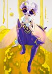 1girl antennae arthropod_girl bee_girl breasts commentary_request full_body highres insect_wings looking_at_viewer medium_breasts monster_girl pantyhose purple_hair q-bee short_hair sitting solo vampire_(game) wings yagi2013 