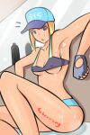  1girl armpits bare_shoulders bikini blonde_hair bottle breasts cleavage collarbone food fruit hat knees_up leaning_on_object lemon looking_at_viewer mirror original outstretched_arms red_eyes saberrung short_hair sidelocks signature sitting small_breasts spread_arms sweat swimsuit underboob wet 