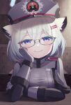  1girl absurdres animal_ears bespectacled blue_archive blue_hair blush cal_minutes epaulettes glasses gloves hair_ornament hairclip hand_on_own_chin hat highres looking_at_viewer military military_hat military_uniform purple_eyes shigure_(blue_archive) short_hair smile solo uniform visor_cap 