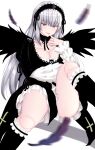  1girl absurdres arm_under_breasts bangs black_collar black_dress black_hairband black_legwear black_ribbon black_wings blurry blurry_foreground blush breasts chin_gero cleavage collar commentary_request cross doll_joints dress eyebrows_visible_through_hair falling_feathers feathers finger_to_mouth flower frilled_dress frilled_legwear frilled_sleeves frills gothic_lolita grey_hair hair_between_eyes hairband hand_up highres index_finger_raised inverted_cross joints kneehighs large_breasts layered_dress leg_up lolita_fashion lolita_hairband long_hair long_sleeves looking_at_viewer neck_ribbon parted_lips purple_eyes purple_feathers purple_flower purple_rose ribbon rose rozen_maiden seductive_smile sidelocks simple_background sitting sleeves_past_wrists smile solo suigintou teeth two-tone_dress upper_teeth very_long_hair white_background white_dress wings 