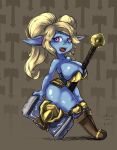  blonde_hair blue_body breasts clothed clothing female hair hammer hi_res humanoid league_of_legends lettuceoncat poppy_(lol) purple_eyes riot_games skimpy skimpy_armor solo tools video_games yordle 