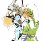 2016 armor blonde_hair breasts clothing duo eye_contact featureless_breasts featureless_crotch female hair hand_on_face hat headgear headwear helmet humanoid humanoid_pointy_ears hylian imp link looking_at_another male markings midna nintendo not_furry red_eyes signature simple_background smile the_legend_of_zelda tsuyuga twili twilight_princess video_games white_background 