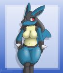  anthro blue_body breasts featureless_breasts female lucario navel nintendo pok&eacute;mon pok&eacute;mon_(species) red_eyes silvrsterlng solo video_games 