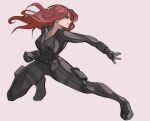  1girl animification black_widow bodysuit breasts closed_mouth commentary_request full_body highres long_hair looking_to_the_side marvel marvel_cinematic_universe medium_breasts natasha_romanoff red_hair simple_background smile solo sushi_pizza_rrr 