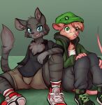  2022 anthro beanie bottomwear clothing domestic_cat duo felid feline felis footwear gradient_background hat headgear headwear hoodie kris_(muhny) male mammal mouse muhny murid murine plantigrade rodent rowan_(muhny) shirt shoes shorts simple_background sitting topwear 