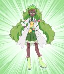  1girl breasts clover_earrings dark-skinned_female dark_skin earrings gloves goggles goggles_on_head green_eyes green_footwear green_hair green_skirt hapuriainen jacket jewelry long_hair precure shirt skirt small_breasts twintails white_gloves white_jacket yellow_shirt 