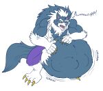  abdominal_bulge anthro belly big_belly blue_body blue_fur burping canid canine canis capcom darkstalkers eggo21 fur hand_on_stomach hi_res jon_talbain male mammal muscular muscular_male open_mouth rumbling_stomach same_size_vore video_games vore were werecanid werecanine werewolf wolf 