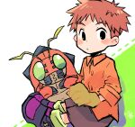  antennae_(anatomy) anthro arthropod bandai_namco blush clothing digimon digimon_(species) duo gloves green_eyes hair handwear human izzy_izumi male mammal radiospeed14 red_body red_hair tentomon 