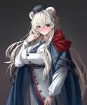  1girl absurdres animal_ears arknights bear_ears blue_cape blue_eyes blue_hair blue_headwear blue_necktie blush bow breasts cape chun_bae clenched_teeth coat grey_background hair_between_eyes hand_up heterochromia highres large_breasts long_hair long_sleeves multicolored_hair necktie parted_lips pink_hair red_bow red_eyes rosa_(arknights) simple_background smile solo streaked_hair teeth upper_body ursus_empire_logo v very_long_hair white_coat white_hair 