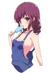  1girl blue_overalls blush breasts drill_hair food highres holding looking_at_viewer machikado_mazoku medium_breasts mel_(melty_pot) naked_overalls overalls popsicle purple_eyes purple_hair simple_background solo sweat white_background yoshida_ryouko 