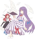  2girls :d book breasts closed_eyes dress head_wings holding koakuma long_hair long_sleeves multiple_girls necktie open_mouth patchouli_knowledge purple_eyes purple_hair red_hair satou_kibi shirt skirt smile striped striped_dress touhou vertical-striped_dress vertical_stripes very_long_hair white_background wings 