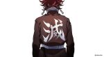  1boy arms_at_sides belt clothes_writing dalc_rose demon_slayer_uniform earrings facing_away from_behind highres jewelry kamado_tanjirou kimetsu_no_yaiba long_sleeves male_focus no_coat red_hair short_hair simple_background solo twitter_username upper_body white_background 