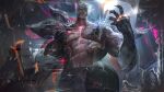  1boy abs absurdres armor bangs closed_mouth fur_trim grey_hair hand_up highres holding league_of_legends looking_at_viewer muscular muscular_male one_eye_closed pants rain scar scar_across_eye sett_(league_of_legends) short_hair shoulder_armor solo wutu_(1183238220) 