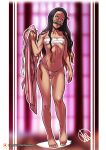  1girl bare_legs barefoot bit_gag black_hair blurry blurry_background breasts brown_hair chest_sarashi clothes_removed collarbone covered_nipples full_body fundoshi gag ganassa highres japanese_clothes kamado_nezuko kimetsu_no_yaiba kimono_removed long_hair multicolored_hair navel sarashi small_breasts solo standing stomach toes toned two-tone_hair 