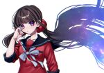  1girl bangs black_sailor_collar blunt_bangs bow bowtie breast_pocket breasts brown_hair collarbone danganronpa_(series) danganronpa_v3:_killing_harmony esu_(tasoesu) floating_hair grey_background grey_bow grey_bowtie hair_ornament hair_scrunchie hand_up harukawa_maki highres long_hair mole mole_under_eye multicolored_hair pocket purple_eyes red_scrunchie sailor_collar scrunchie shiny shiny_hair small_breasts solo space_print starry_sky_print 