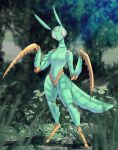  2021 3_eyes absurd_res antennae_(anatomy) anthro arthropod arthropod_abdomen breasts corromon detailed_background digital_media_(artwork) digitigrade featureless_breasts featureless_crotch female flower forest forest_background grass green_body hi_res insect looking_away mantis mouthless multi_eye nature nature_background non-mammal_breasts nude plant shadow solo tree 