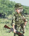  1girl absurdres assault_rifle belt_pouch blurry blurry_background camouflage camouflage_headwear camouflage_jacket camouflage_pants commentary_request cowboy_shot english_commentary grey_hair gun hair_between_eyes hand_on_hip hat headwear_request highres holding holding_gun holding_weapon holster jacket military mixed-language_commentary original outdoors pants pouch red_eyes rifle short_hair sleeves_rolled_up smirk smoke_grenade soldier solo standing tudou_jun vietnam_war watch watermark weapon weapon_request wristwatch 