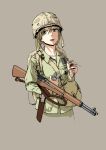  1girl absurdres backpack bag blonde_hair blue_eyes brown_bag camouflage camouflage_headwear chin_strap cigarette cigarette_pack collarbone collared_shirt commentary_request green_pants green_shirt grey_background gun hair_between_eyes helmet highres holding holding_cigarette holding_gun holding_lighter holding_weapon knife lighter long_sleeves looking_at_viewer low_twintails lucky_strike magazine_(weapon) military_helmet open_mouth original pants rifle shirt shoulder_bag simple_background soldier solo tudou_jun twintails undershirt upper_body weapon weapon_request white_shirt world_war_ii zippo_lighter 