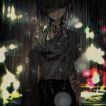  1girl black_bra blood blood_on_face blurry blurry_background bra bra_visible_through_clothes closed_mouth cowboy_shot depth_of_field green_eyes looking_at_viewer narue original rain shirt solo standing underwear wet wet_clothes wet_shirt white_shirt 