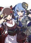  2girls :d animal_ears apron arm_up bangs belt black_choker black_gloves blue_belt blue_eyes blue_hair blue_ribbon blunt_bangs brown_hair brown_kimono choker dog_ears dress fang flower gloves grey_dress grey_headwear hair_between_eyes hair_flower hair_ornament hat hololive hoshimachi_suisei inui_toko japanese_clothes kimono long_hair long_sleeves maid multiple_girls nijisanji obi partially_fingerless_gloves plaid plaid_dress plaid_headwear red_eyes ribbon sash shadowsinking simple_background smile sparkle star_(symbol) star_in_eye symbol_in_eye tilted_headwear twintails v_over_eye virtual_youtuber white_apron white_background yellow_eyes 