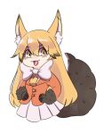  1girl :d animal_ear_fluff animal_ears animal_hands bangs blonde_hair blush bow bowtie buttons chibi cropped_torso extra_ears eyebrows_visible_through_hair ezo_red_fox_(kemono_friends) fox_ears fox_girl fox_tail fur-trimmed_sleeves fur_trim gloves gradient_hair hair_between_eyes highres jacket kemono_friends lapel long_hair long_sleeves looking_at_viewer mjdalleria multicolored_hair necktie open_mouth paw_gloves pleated_skirt simple_background skirt smile smug solo tail white_background white_bow white_bowtie white_skirt yellow_eyes yellow_necktie 