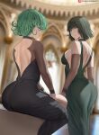  2girls ass bangs bare_shoulders black_dress black_hair blurry blurry_background breasts choker closed_mouth commentary curly_hair dress elbow_gloves english_commentary from_behind fubuki_(one-punch_man) gloves green_dress green_eyes green_hair highres indoors large_breasts looking_at_viewer looking_back multiple_girls one-punch_man patreon_logo patreon_username profile shexyo short_hair shoulder_blades siblings sisters sitting tatsumaki web_address 