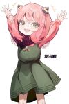  1girl :d anya_(spy_x_family) arms_up child copyright_name eyebrows_behind_hair female_child frills green_eyes grey_background highres long_hair one_eye_closed open_hands open_mouth pink_hair signature simple_background smile spy_x_family syu45 teeth 