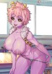  1girl alternate_breast_size artist_name ashido_mina bangs bikini bikini_bottom_only bikini_pull black_sclera boku_no_hero_academia breasts classroom clothes_pull collarbone colored_nipples colored_sclera colored_skin day desk fingernails fur_trim furrowed_brow groin hand_on_own_thigh horns indoors large_breasts leaning_forward looking_at_viewer lowleg lowleg_bikini naughty_face navel nipples no_bra no_pants open_clothes open_mouth open_vest outstretched_arm paid_reward_available pink_hair pulled_by_self purple_nipples purple_skin redjet school_desk short_hair smile solo stomach swimsuit tongue tongue_out vest watermark window yellow_eyes 