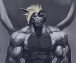  2022 abs anthro biceps big_muscles black_body black_skin black_tongue blonde_hair bodily_fluids bust_portrait dragon fantdragon hair hi_res horn long_tongue male muscular pecs portrait saliva scalie simple_background solo teeth tongue white_body white_skin wings yellow_eyes 