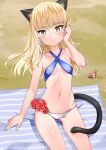  1girl animal_ears aohashi_ame beach blonde_hair blush breasts cat_ears cat_tail closed_mouth collarbone eyebrows_visible_through_hair hermit_crab highres long_hair looking_at_viewer navel perrine_h._clostermann shiny shiny_hair shiny_skin sitting slingshot_swimsuit small_breasts smile strike_witches swimsuit tail underboob world_witches_series yellow_eyes 