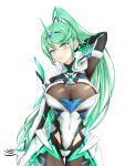  1girl absurdres bangs breasts chest_jewel earrings feichu_keju gem gloves greek_text green_eyes green_hair headpiece highres jewelry large_breasts long_hair pneuma_(xenoblade) ponytail simple_background solo swept_bangs tiara very_long_hair white_background xenoblade_chronicles_(series) xenoblade_chronicles_2 