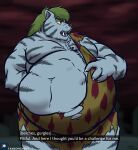  abdominal_bulge anthro belly big_belly blue_body blue_fur burping byakko_(yu_yu_hakusho) clothing demon english_text felid fur green_hair hair hand_on_stomach hi_res male mammal muscular muscular_male pantherine same_size_vore tanio text tiger torn_clothing vore yellow_sclera yu_yu_hakusho 