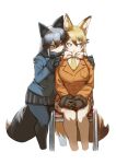  2girls animal_ears black_fur black_gloves black_hair black_legwear black_skirt blue_jacket bow bowtie brown_fur brown_gloves brown_hair chair commentary_request extra_ears eyebrows_visible_through_hair ezo_red_fox_(kemono_friends) fox_ears fox_girl fox_tail fur_collar fur_trim gloves grey_hair hands_on_another&#039;s_shoulders hatch_box jacket kemono_friends long_hair long_sleeves looking_away multicolored_hair multiple_girls necktie orange_hair orange_jacket orange_legwear pantyhose pleated_skirt red_hair rolling_eyes sidelocks silver_fox_(kemono_friends) sitting skirt sweatdrop tail white_bow white_bowtie white_skirt yellow_eyes yellow_necktie 