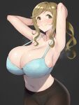  1girl absurdres armpits arms_behind_head bangs blonde_hair blue_bra blush bra breasts brown_legwear cleavage commentary_request fang green_eyes grey_background highres huge_breasts inuyama_aoi lingerie long_hair looking_at_viewer midriff navel panties panties_under_pantyhose pantyhose ponytail sideboob sidelocks simple_background skin_fang smile solo steaming_body sweat swept_bangs tedain thick_eyebrows underwear upper_body wavy_hair yurucamp 